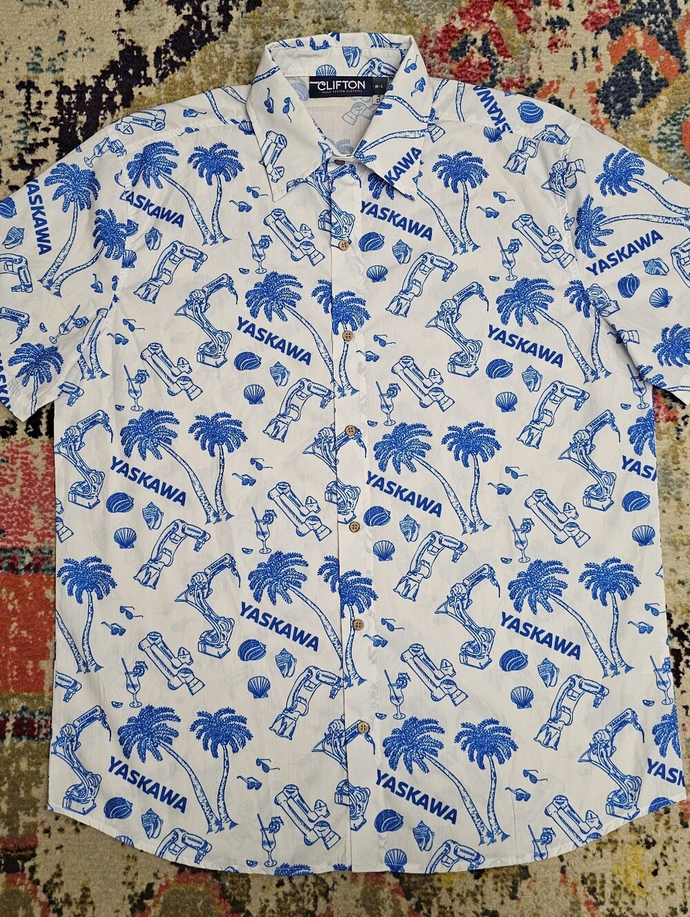 Clifton Custom Clothing Yaskawa Hawaiian Button Up Shirt Mens Large Blue White